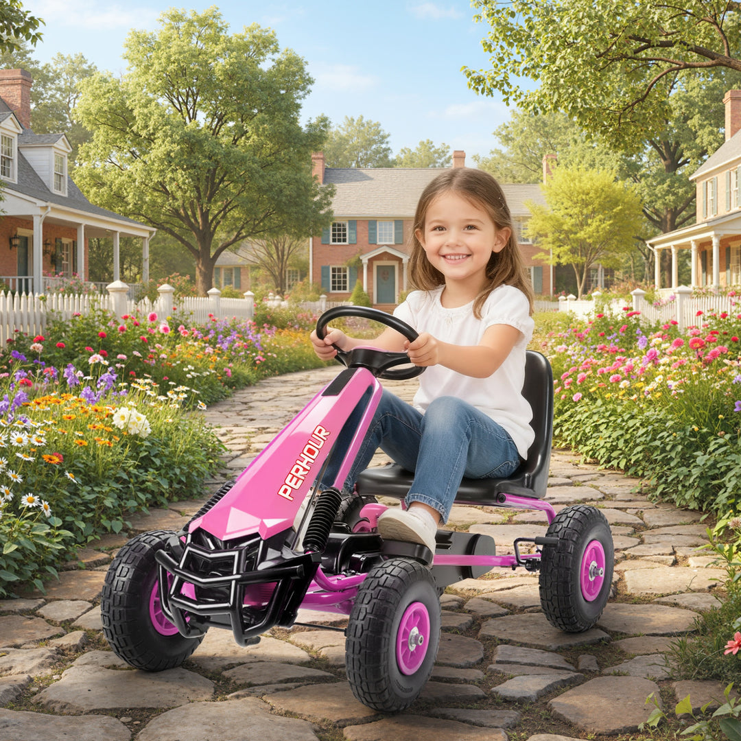 Pedal-gokart til børn, højdejusterbart sæde, EVA-hjul, bremse, kobling, alder 3-8, pink