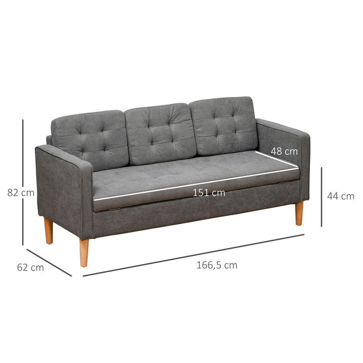 3-Personers sofa, sofa med opbevaringsplads, træben, polstret sofa med fløjlslook til stue, soveværelse, 166,5 x 62 x 82 cm, grå