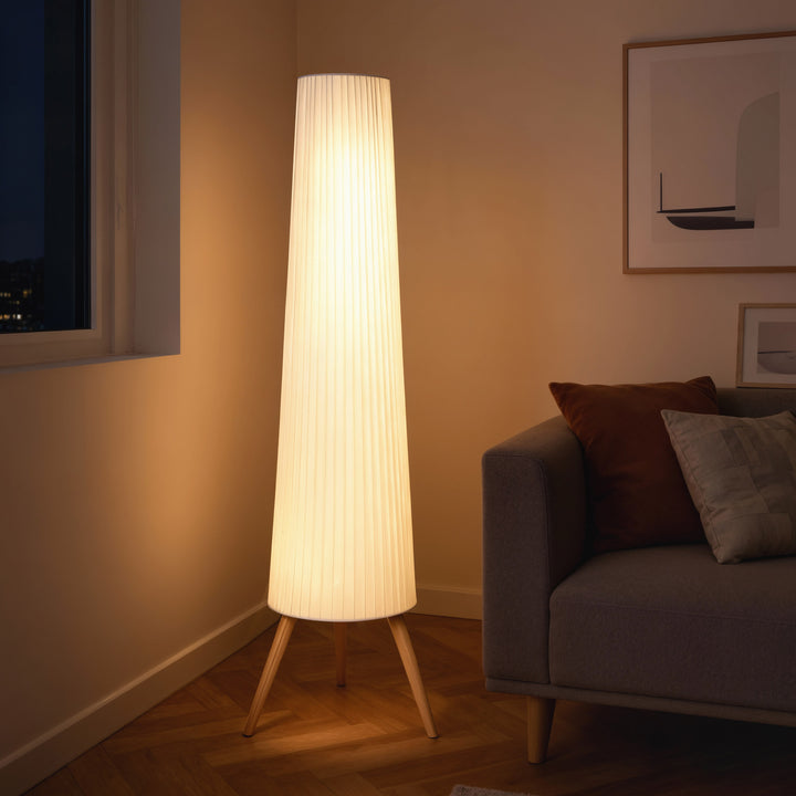 LED-gulvlampe til stue, dæmpbar, træ med trebensfod, gulvlampe med fodkontakt, 46 x 46 x 153 cm, hvid