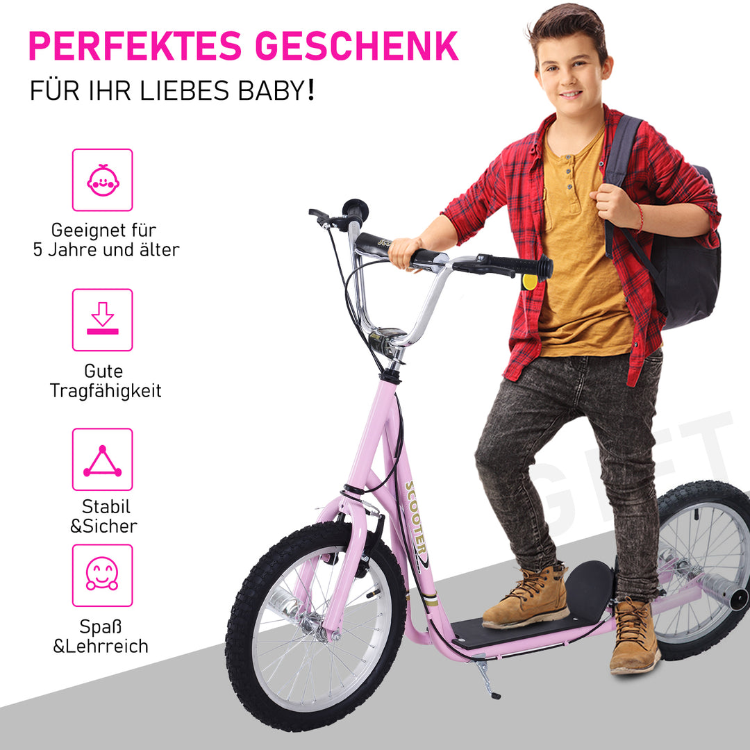 Børneløbehjul med luftgummidæk, løbehjul, city scooter til børn, kickboard, 16 tommer, fra 5 år, højdejusterbar, pink, 143 x 58 x 92-100 cm