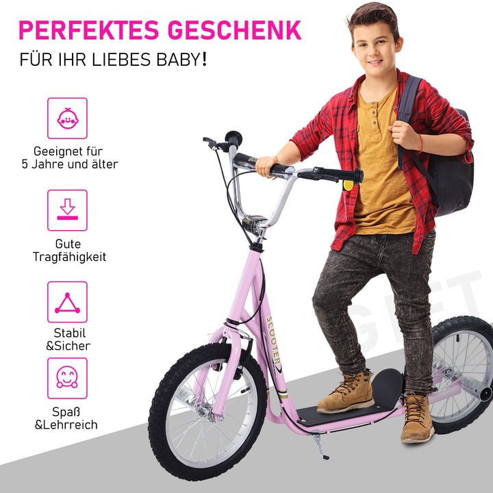 Børneløbehjul med luftgummidæk, løbehjul, city scooter til børn, kickboard, 16 tommer, fra 5 år, højdejusterbar, pink, 143 x 58 x 92-100 cm