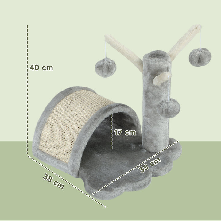 Kradsetræ 40 cm, lille kattetårn med hule, 2 legebolde, kradsemåtte, kradsetræ til katte, klatretræ, til små og store katte, lysegrå
