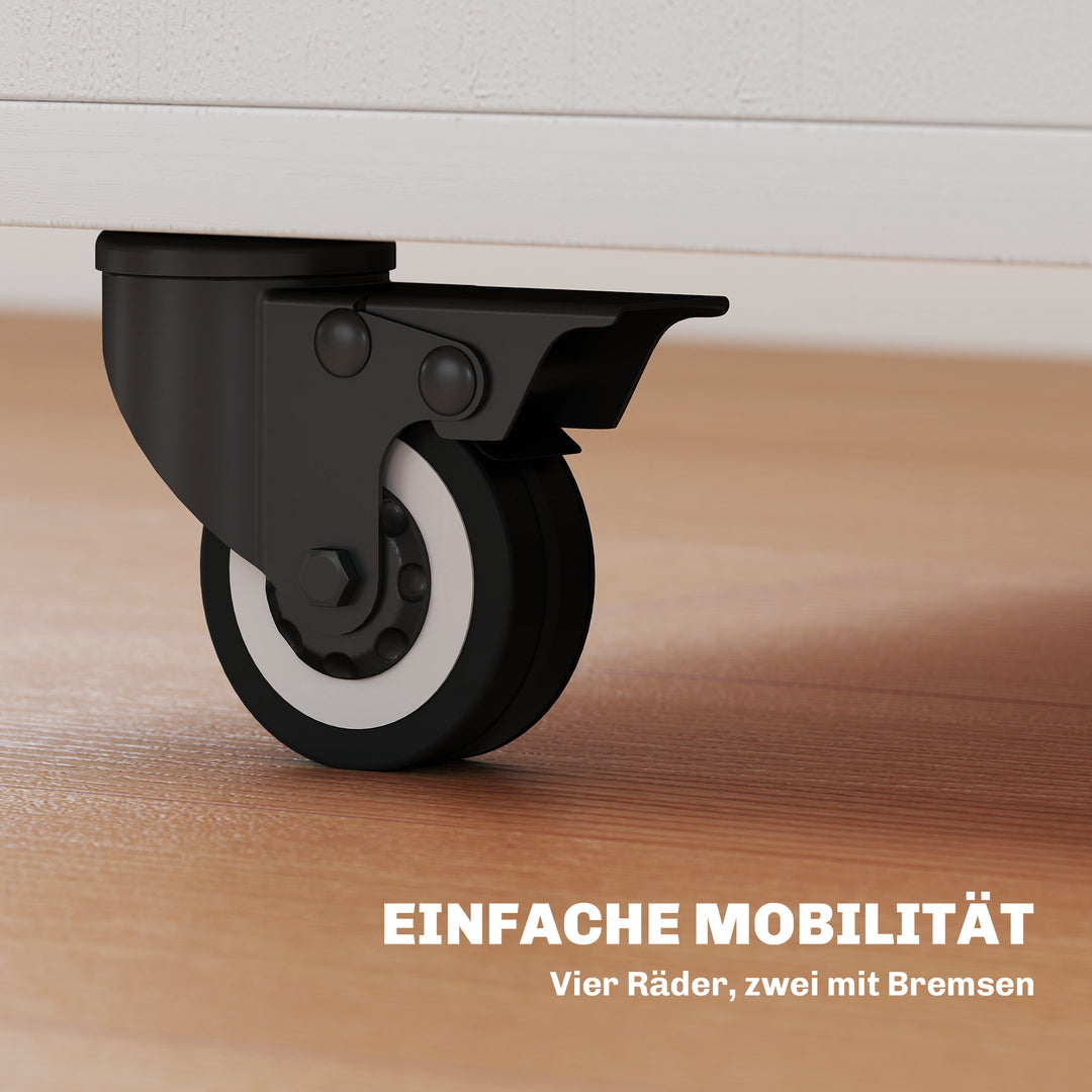 Klapbord med rulleskab, to klapbordssider, skab, 4 hjul, hvid + naturtræ, 70 x 83 x 75 cm