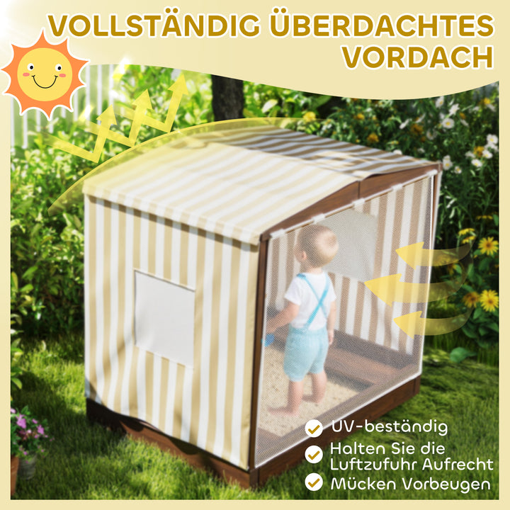 Sandkasse, sandkasse med baldakin og netdør, bænke, gulvbeskyttelse, brun