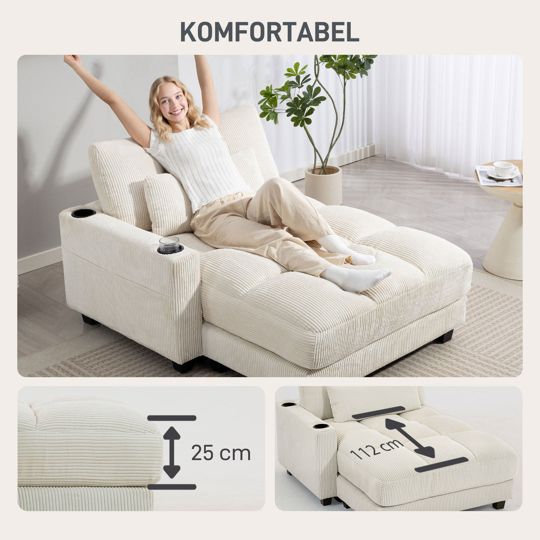 Sovesofa med hynder, skum, kan laves om til en seng, kopholder, cremehvid