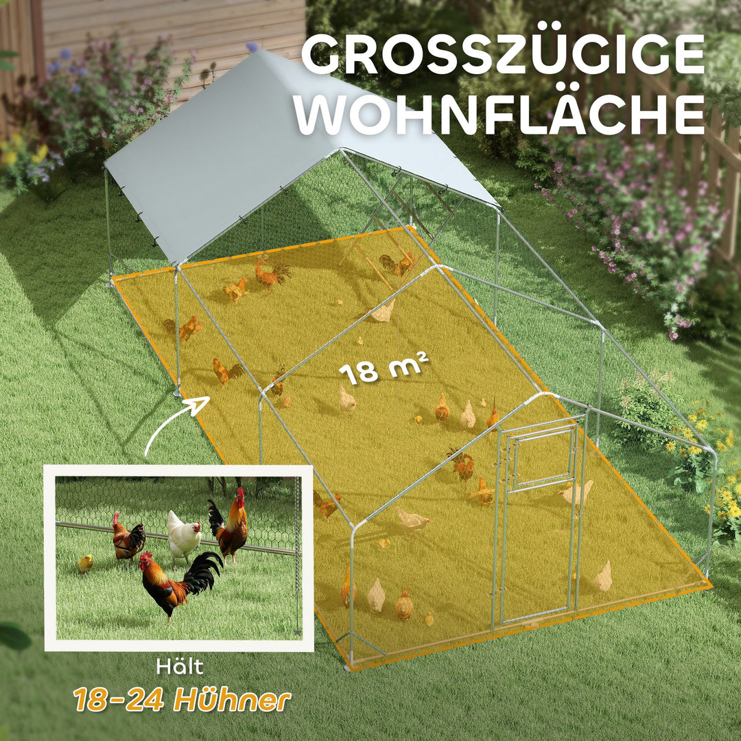 Hønsehus, fritgående indhegning til kyllinger, med uv-bestandig presenning, stålnet, automatisk foderautomat, til 18-24 kyllinger