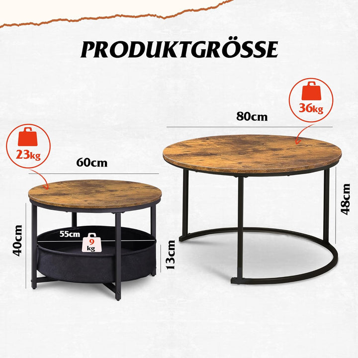 WLIVE sofabordsæt med 2, runde borde med diametre på 80 cm og 60 cm, opbevaringsplads og metalstel, velegnet til stue, rustik brun