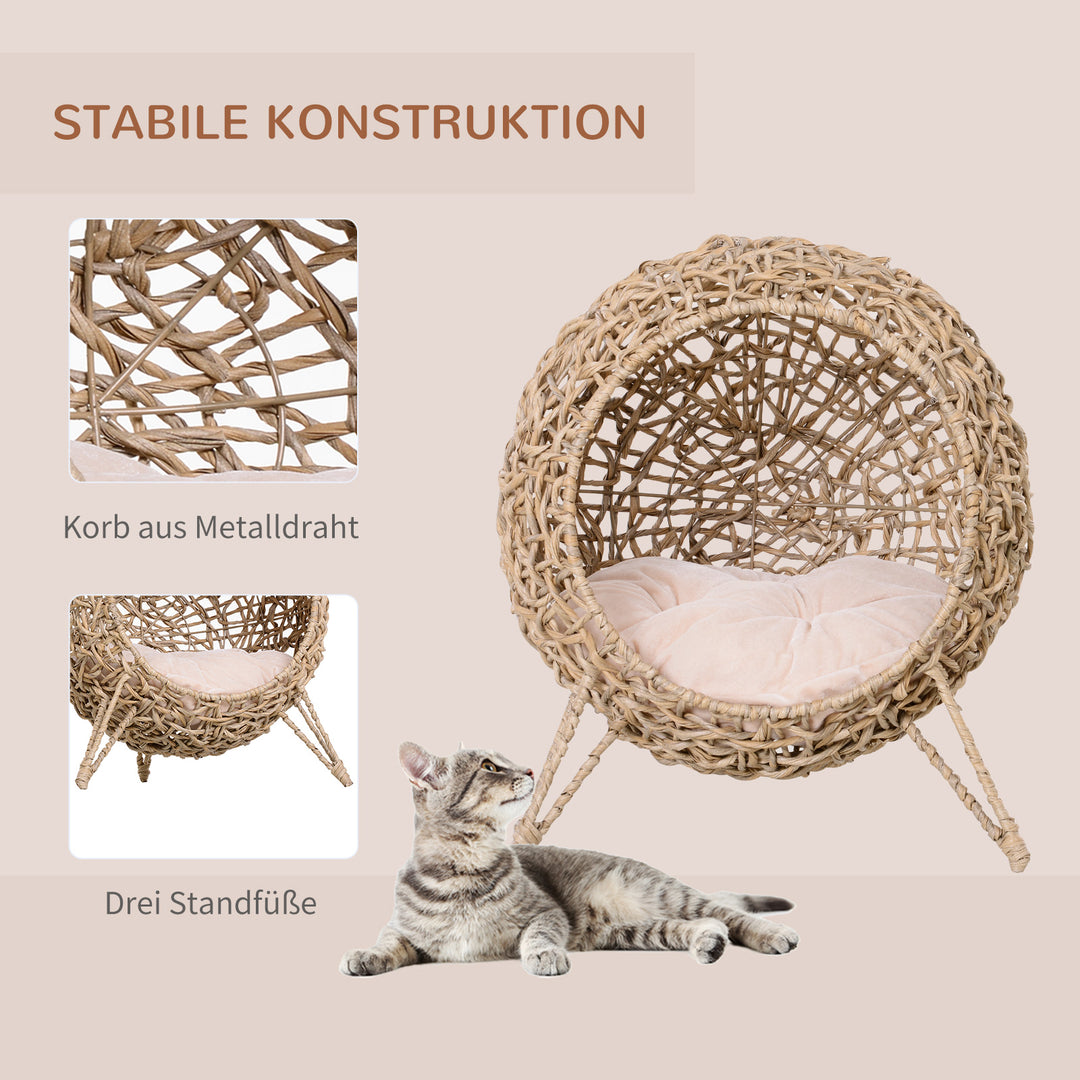 Rattan kattehus med hynde, katteseng, kattehule med hævede fødder, naturlig, Ø52 x 58 cm