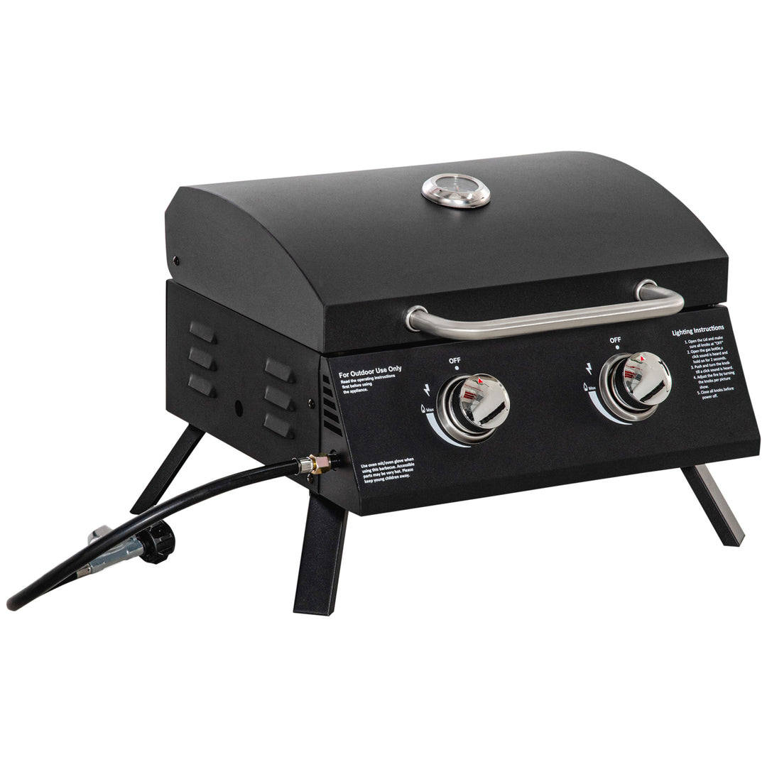 Bordgasgrill med 2 brændere, mobil grillvogn, grillnet, lille udendørs bordgasgrill til picnic, med trykregulator, slange, rustfrit stål, sort, 55 x 46,5 x 41 cm