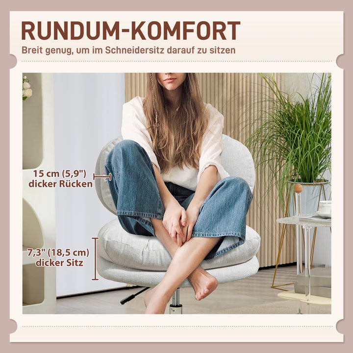 Kontorstol uden armlæn, komfortabel skrivebordsstol med polstret sæde og justerbar højde, cremehvid