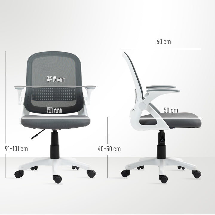 Åndbar netkontorstol, ergonomisk drejestol med foldbare armlæn og lændestøtte, grå