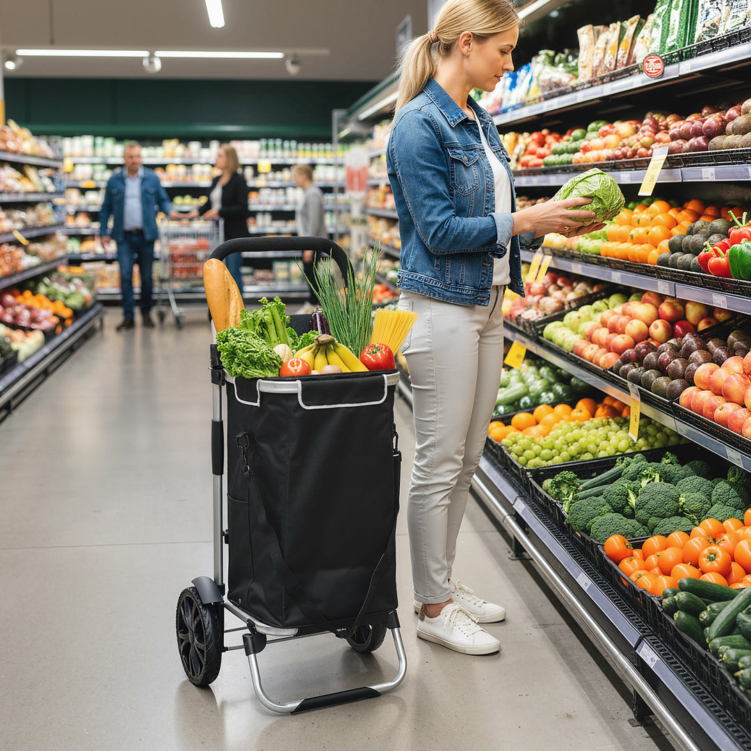 3-i-1 foldbar indkøbsvogn med 40 liters kapacitet, lasteevne op til 25 kg, med kølerum, sort