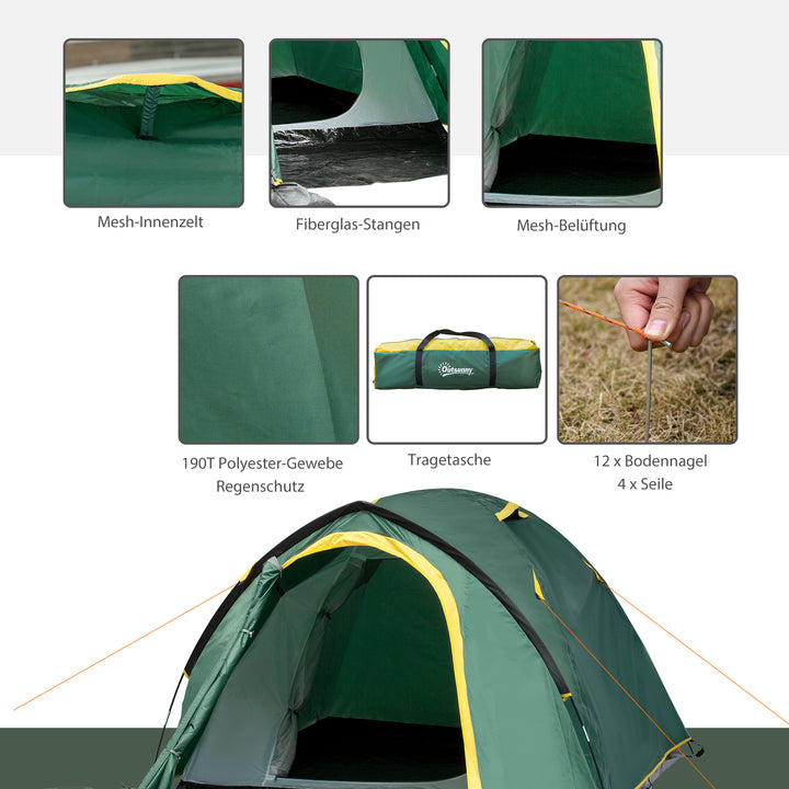 Telt til 2 personer 190t campingtelt med pløkker kuppeltelt glasfiber polyester grøn+gul 325 x 183 x 130 cm