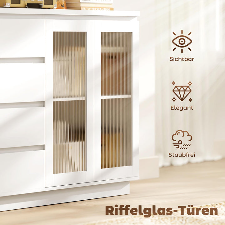 Buffetskab, skænk med 4 skuffer, 2 vitrinelåger, moderne design, MDF, hvid