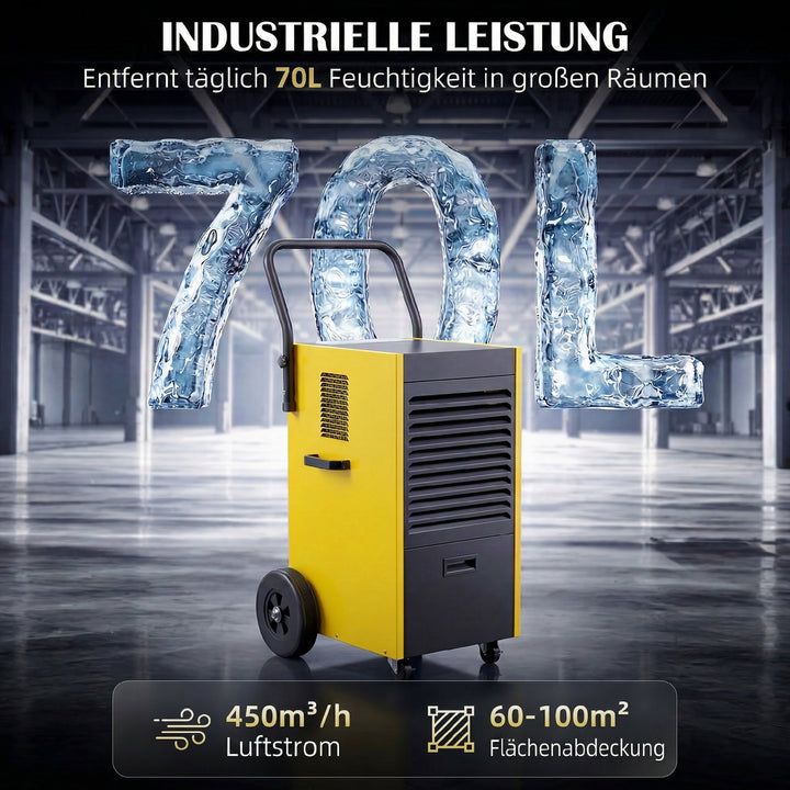 Kommerciel affugter 70L/dag med hjul og håndtag, kontinuerlig afløbsslange, 24-timers timer, 5,5L tank, gul