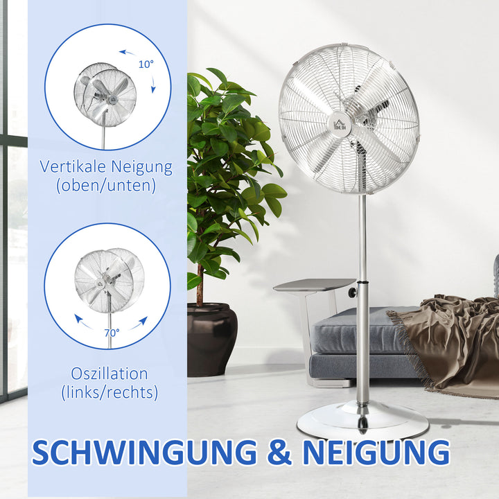 120 cm standerventilator, højdejusterbar ventilator, 3 hastighedsindstillinger, justerbar hældningsvinkel, stål, sølv