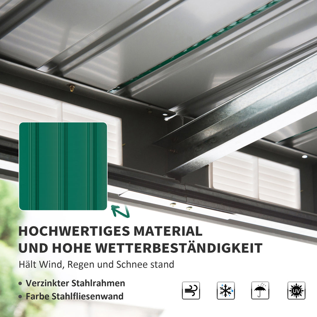 Metal redskabsskur 6,3m³ 280x130x172cm redskabsskur med skydedør, vejrbestandigt havehus, udendørs haveskur, skab til baghave, udendørsområde, antracit, mørkegrøn