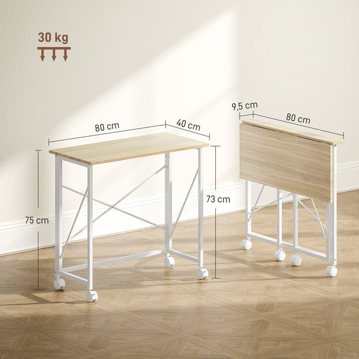 Foldbart skrivebord med hjul – pladsbesparende, 80x40x75 cm, natur/hvid