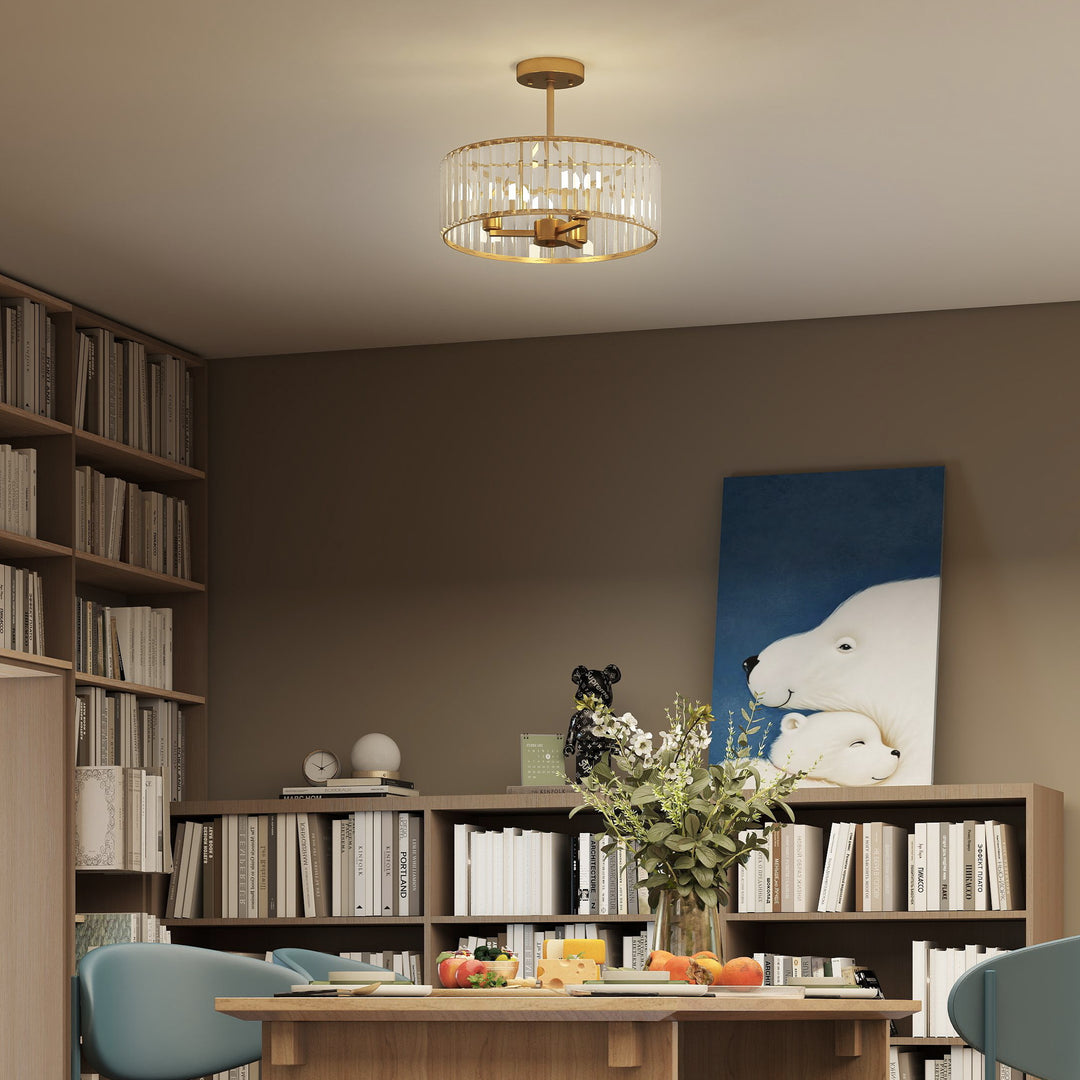 Loftlampe, lysekronedesign, krystalskærm, 3 pærer, metal, guld