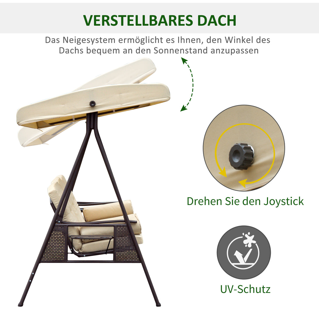 3-personers Hollywood gyngestol med solsejl, beige og brun, 121 x 208 x 172 cm