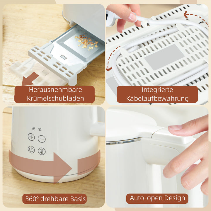 Køkkensæt med elkedel og brødrister, 7 bruningsniveauer, hurtig tilberedning, rustfrit stål, plastik, hvid