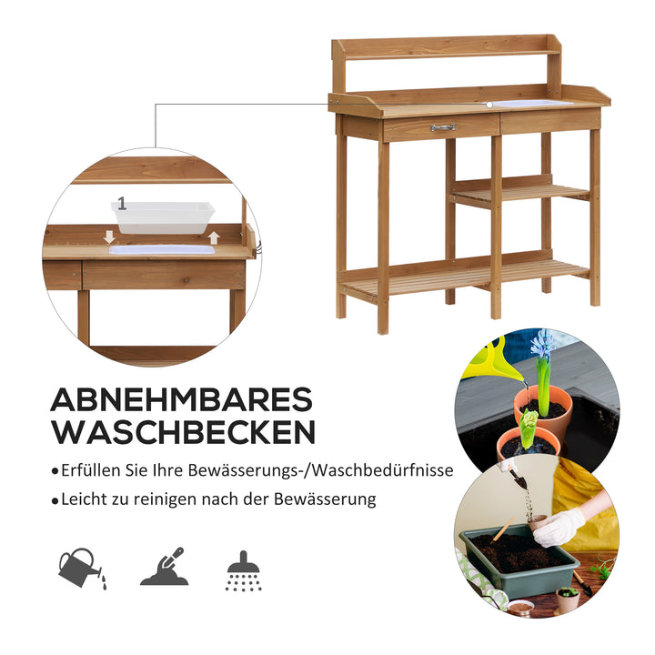Plantebord havebord blomsterbord med balje havegran naturtræ 117 x 45 x 121 cm