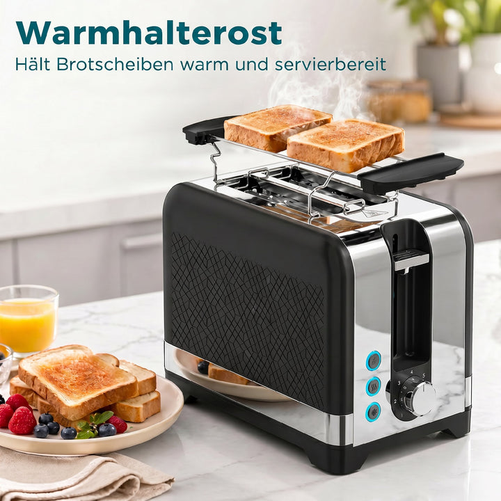 2-skives brødrister med 7 bruningsniveauer, genopvarmnings-/optønings-/annulleringsfunktioner, varmerist, 930 W