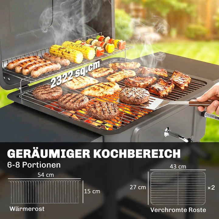 Kulgrill BBQ-ryger med låg, termometer, højdejusterbar kulpande, skorsten, grillrist, sidebord, askeskuffe