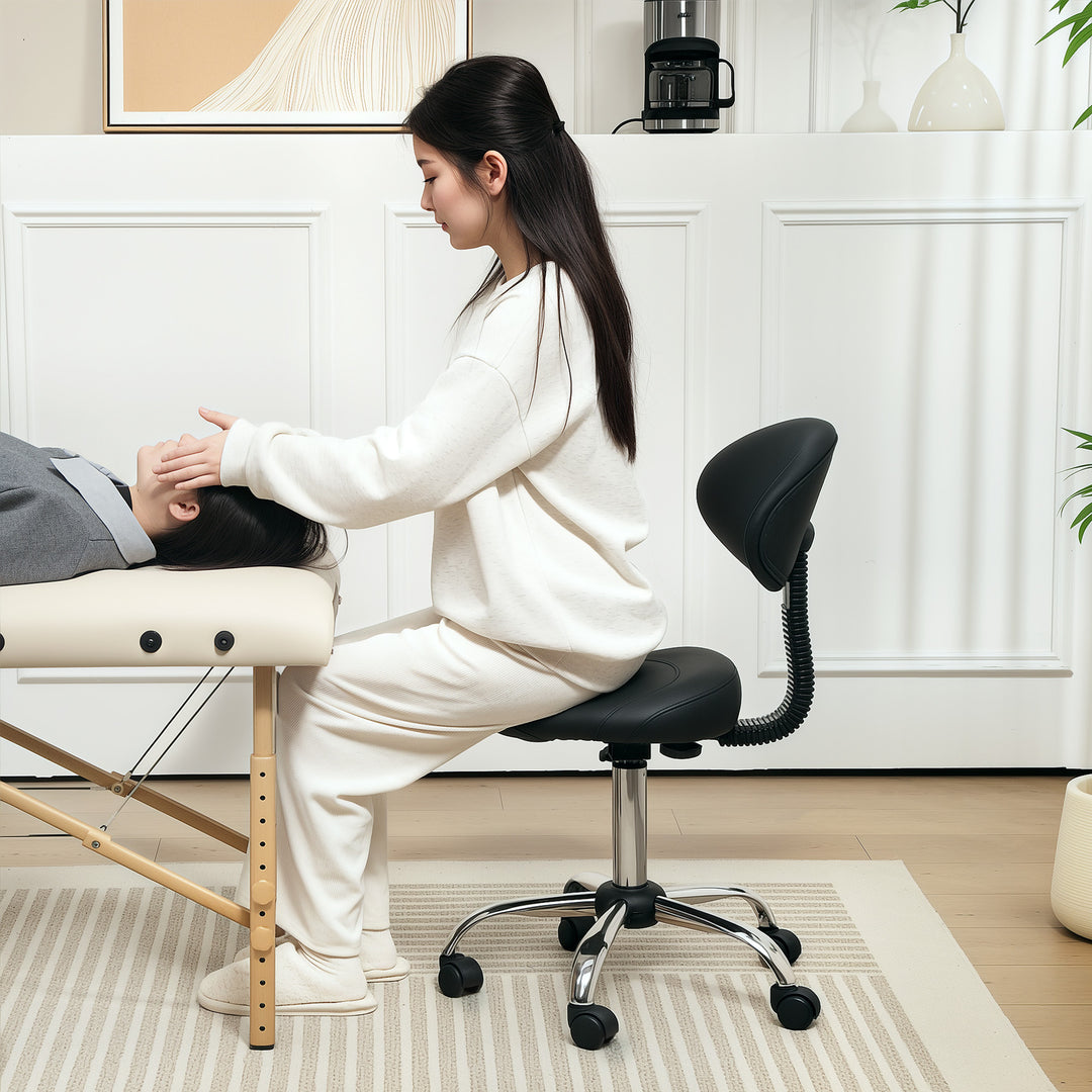 Højdejusterbar rulleskammel med ryglæn, drejeskammel 83-98 cm, 360° drejelig arbejdsskammel til kontor, salon