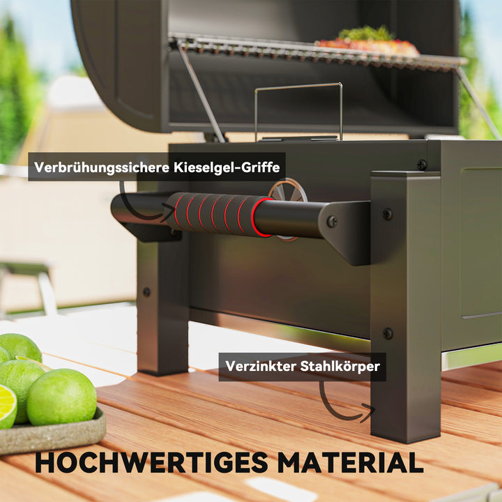 Kulgrill med låg, varmehylde, askeskuffe, termometer, rustfrit stål, 67 x 53 x 55 cm, sort/rød