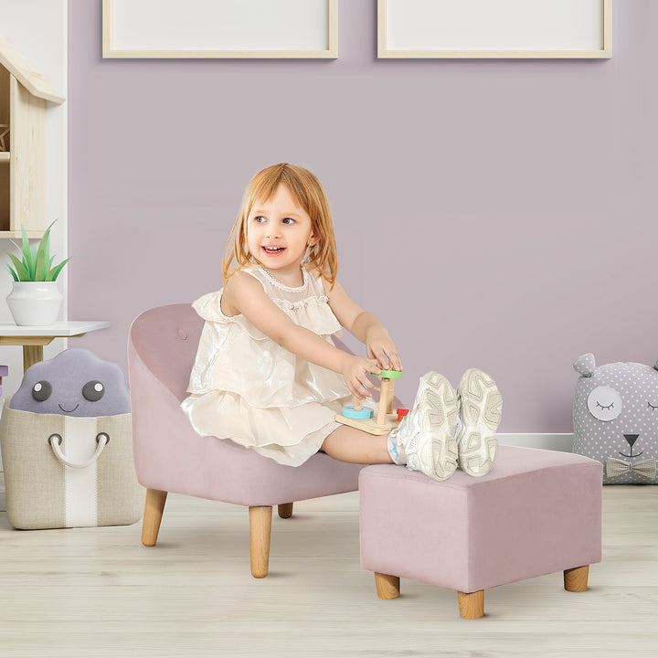Børnelænestol med fodskammel til børn i alderen 3 til 5 år. Sødt design, fløjlslook. 51 cm x 51 cm x 50 cm. Lyserød.
