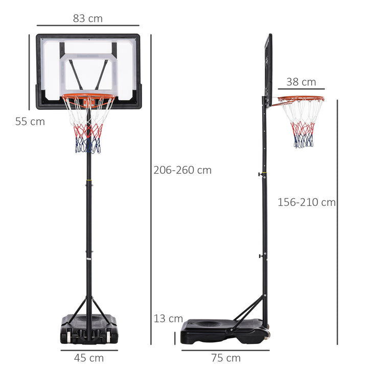 Basketballstativ med hjul 83x55cm bagplade, mobil basketballkurv med stativ, justerbar kurvhøjde 156 til 210 cm, basketballsystem til børn og teenagere, til udendørs brug