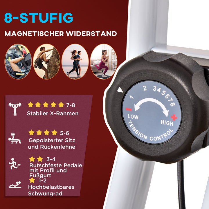 Motionscykel med magnetisk modstand, 8 niveauer, højdejusterbar, lcd-display, rød + hvid