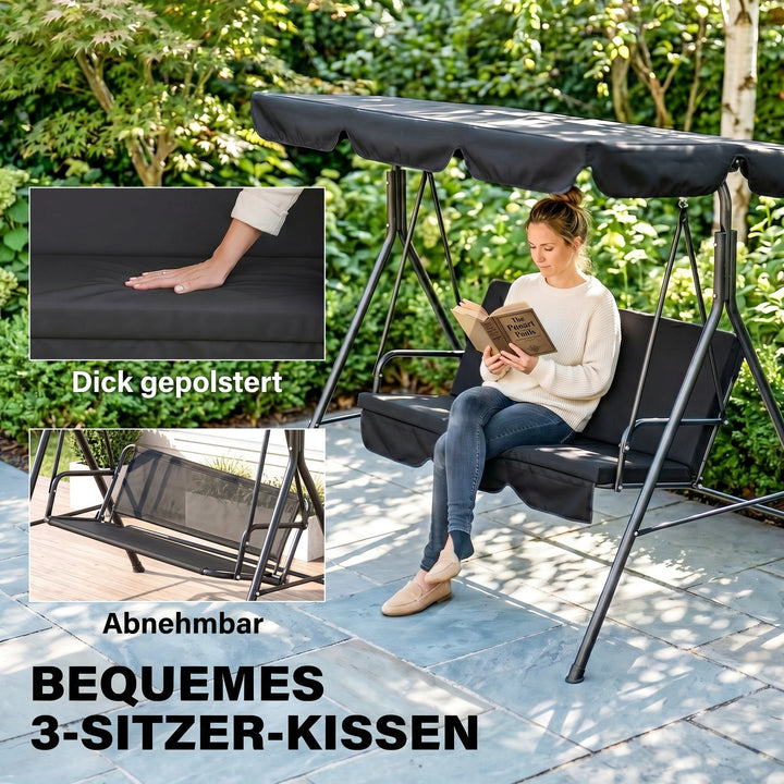 3-personers Hollywood gyngestol til haven, vejrbestandig, 172 cm x 110 cm x 153 cm, sort