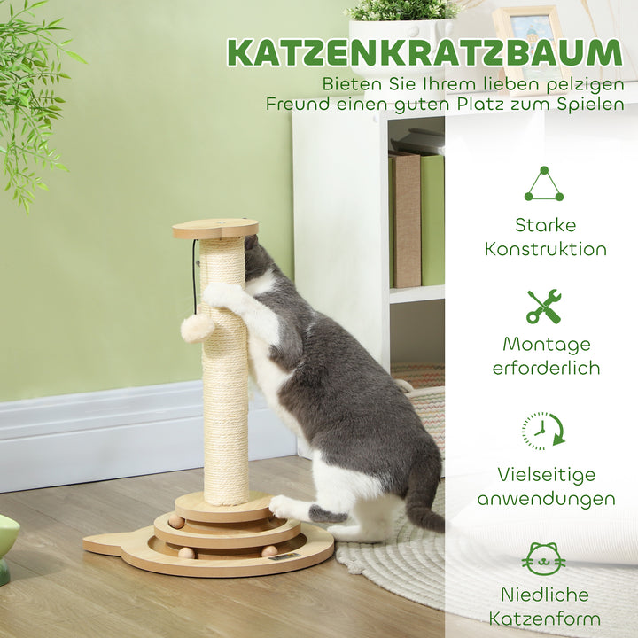 Kradsetræ til katte, 49 cm, sisal kradsetræ, boldløbebane, legebold, legefjeder, 4-i-1 design, eg, hvid