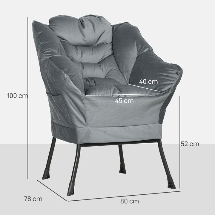 Moderne accentstol, polstret stol med stålben og sidelommer, til stue, soveværelse, grå