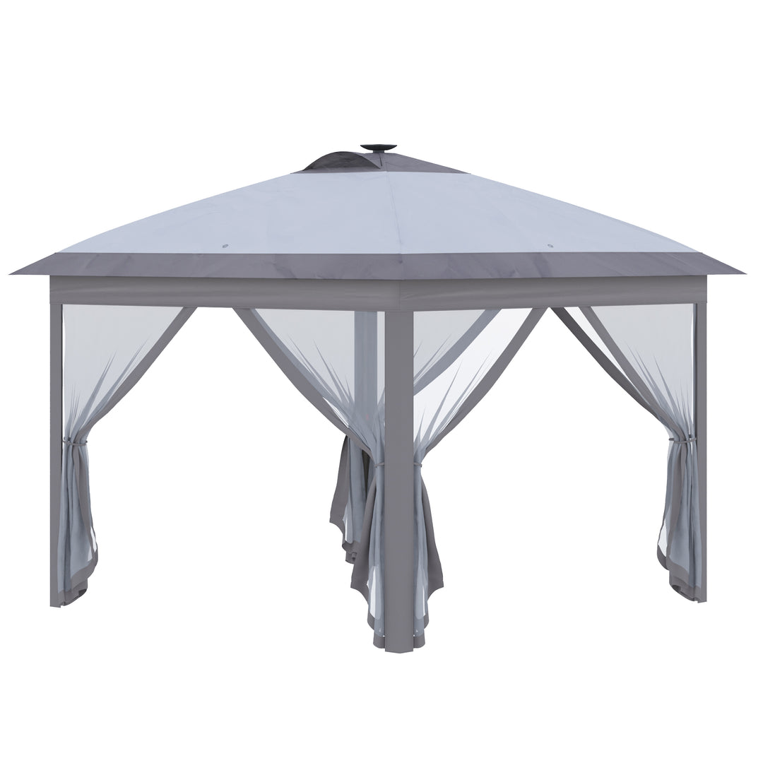 3,3 x 3,3 m foldbar pavillon med LED-belysning, netgardiner, bæretaske, grå