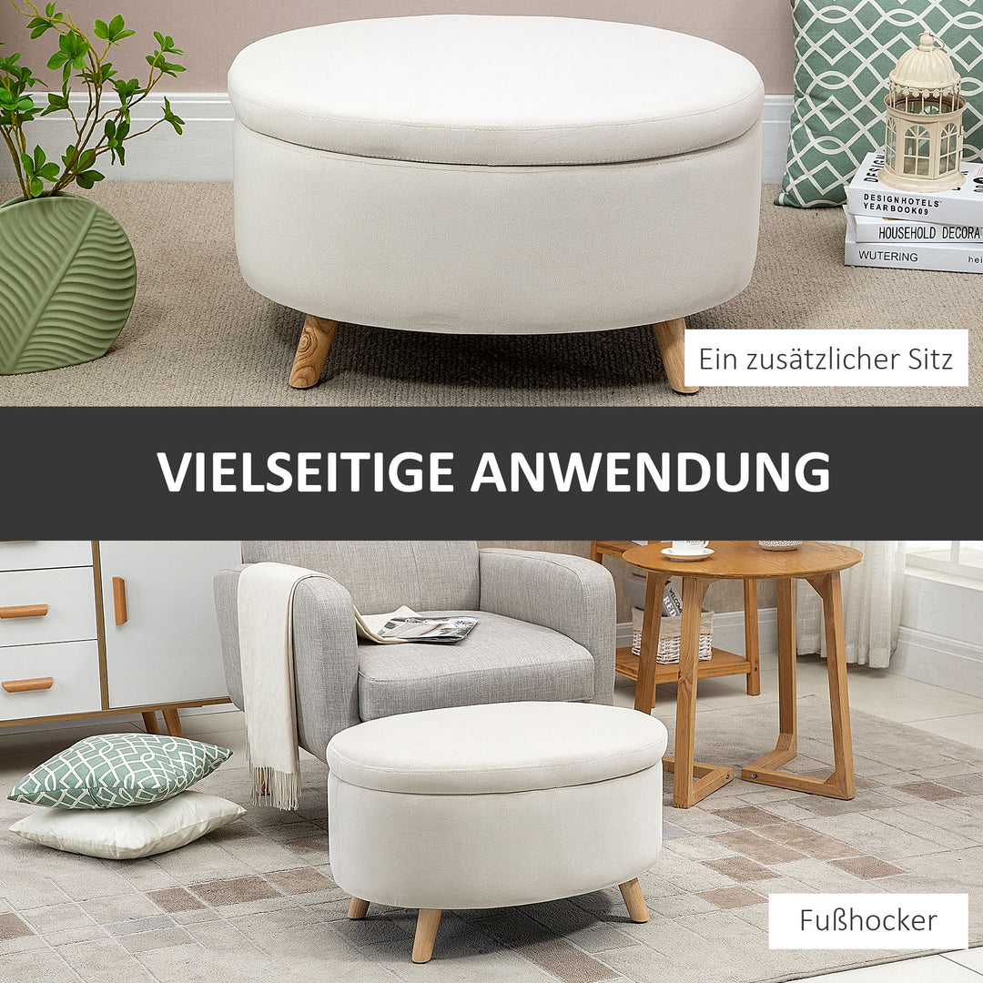 Bænk med opbevaringsplads, skammel, oval form, fløjlslook, op til 120 kg, 71 x 51,5 x 42 cm, beige