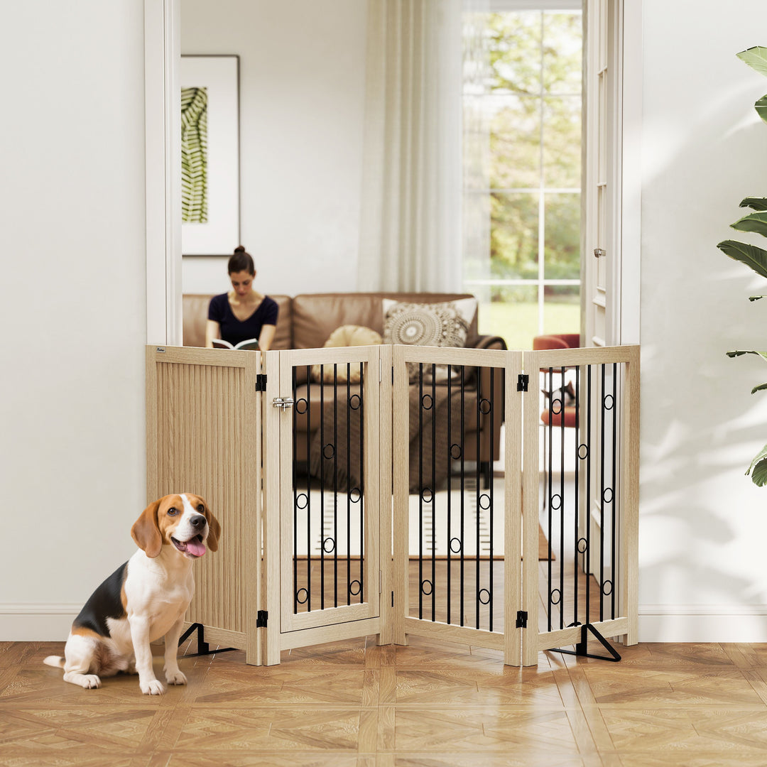 Fritstående kæledyrslåge, hundegitter med dør, 4 paneler, til entré, trapper, dørkarm, MDF, stål