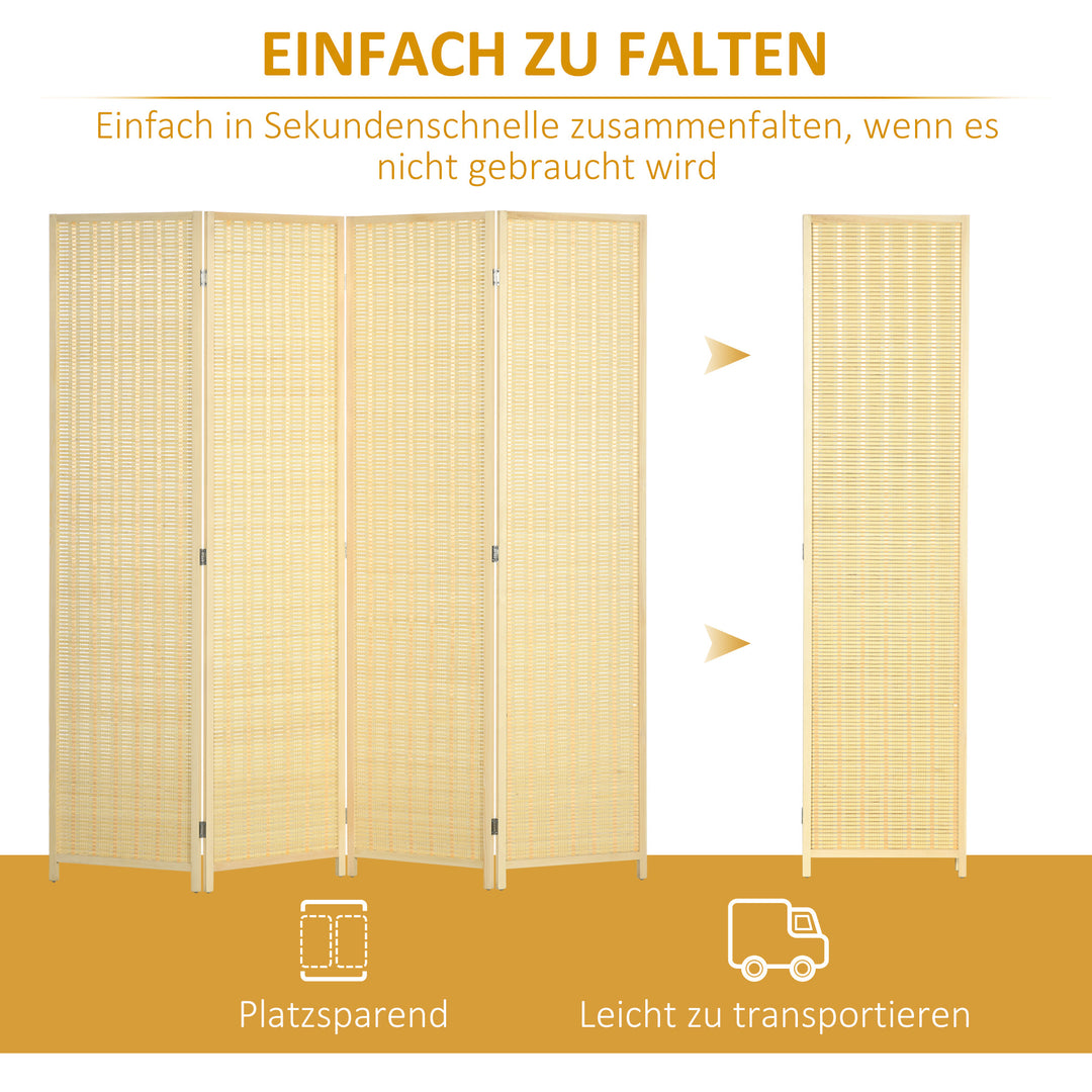 4-Panels rumdeler, 180 x 180 cm, foldbar skærm af bambus og bomuld til stue, soveværelse, natur