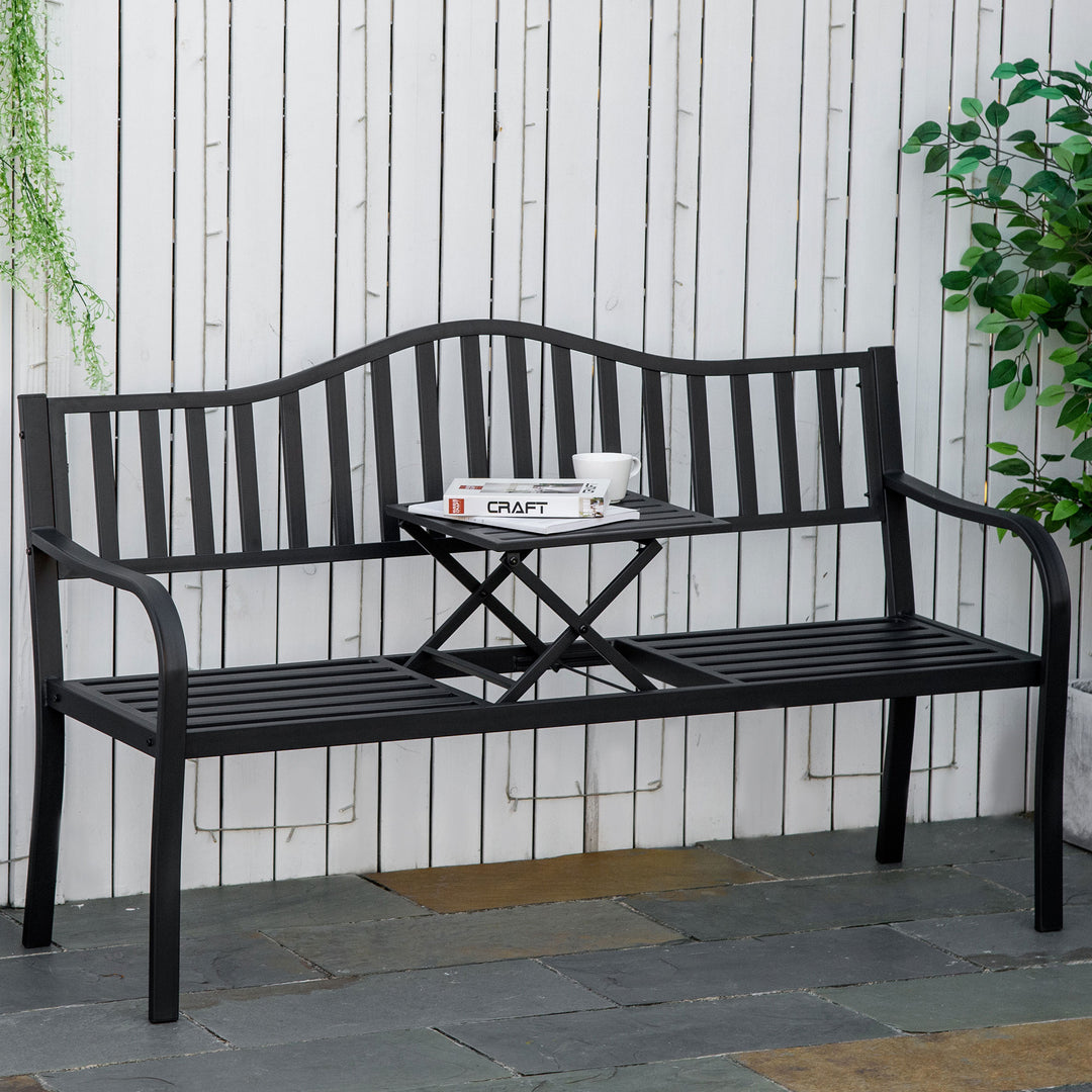 2-personers havebænk, robust parkbænk med udtrækkeligt bord, 240 kg lasteevne, terrassebænk med ryglæn og armlæn, havemøbler til terrasse, have, 150 x 58,5 x 90 cm, sort