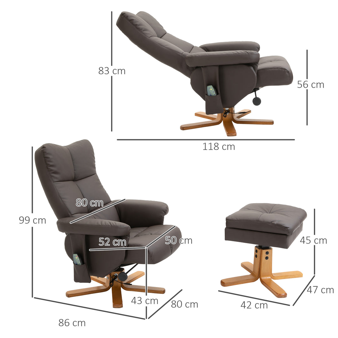 Afslappende lænestol med lænefunktion massagestol med fodskammel tv-stol tv-stol 145° vipbar lænestol ergonomisk stol med 10 vibrationspunkter kunstlæder brun 80 x 86 x 99 cm
