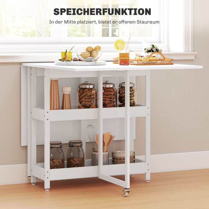 Foldbart spisebord i industrielt design, til op til 4 personer, åbne hylder, fleksibelt, metal, spånplade, hvid