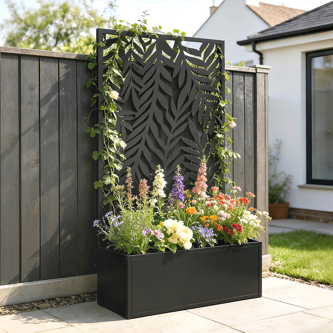 Blomsterkasse med afskærmning, plantekasse med espalier og tropiske bladmotiver, 61 x 23 x 113 cm, sort