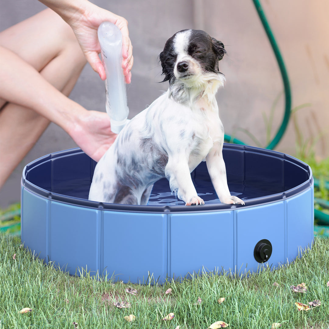 Sammenklappeligt hundebadekar, hundepool, swimmingpool, børnepool, badekar til hunde og katte, vandbassin af plastik og træ, Ø80 x H20 cm, blå