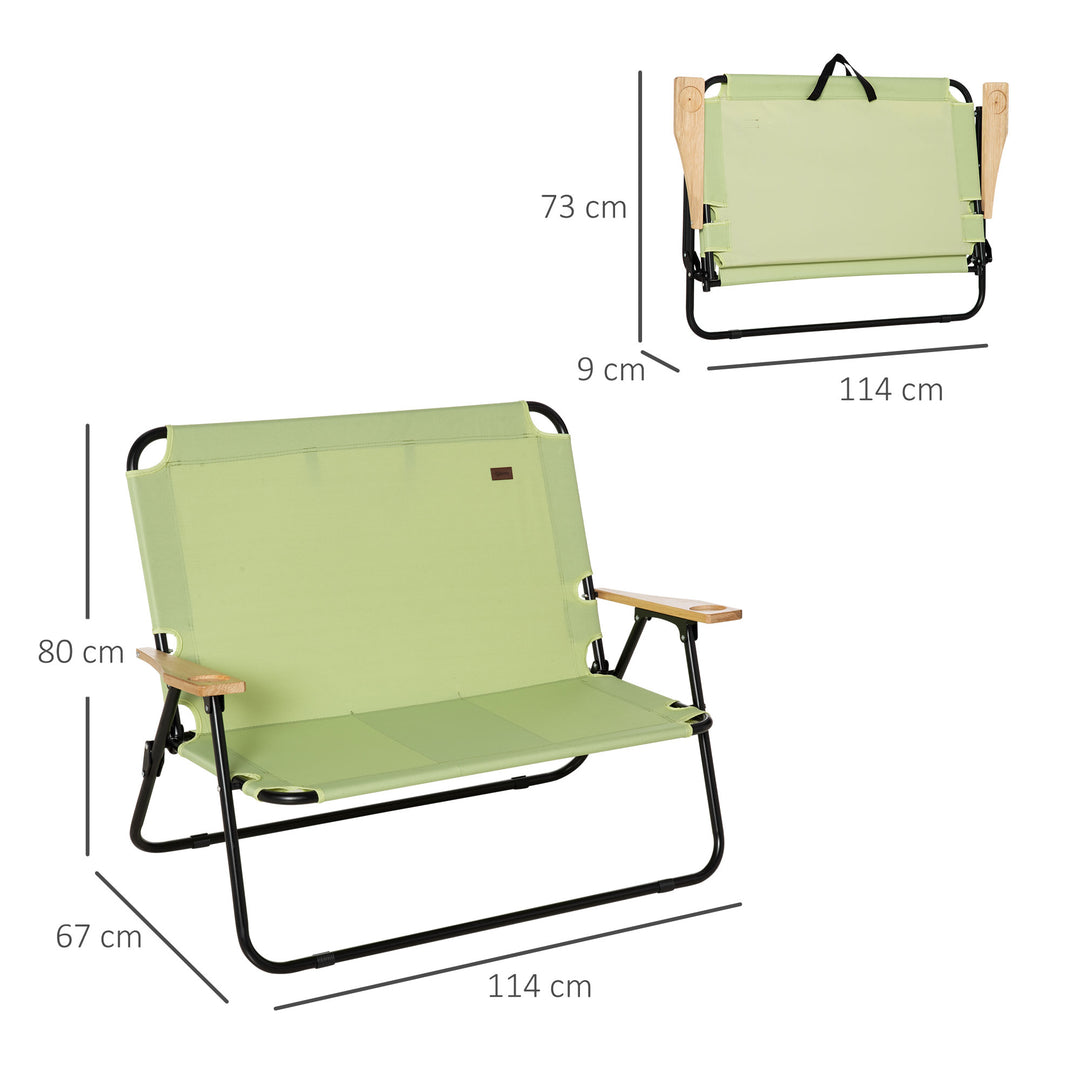 2-Personers foldbar campingstol med kopholder, 141 x 67 x 80 cm, grøn