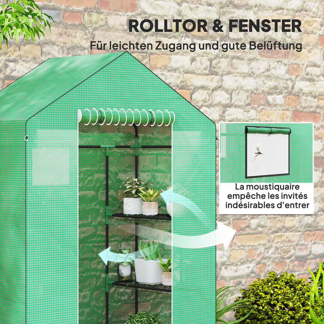 Drivhus med hylder, minidrivhus, uv-bestandigt, netvindue, lynlåsdør, 143l x 74b x 190h cm, grøn