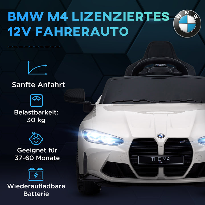 BMW M4 elektrisk børnebil, med lyd og lys, 3-5 km/t, inklusive fjernbetjening, til alderen 3-5, hvid
