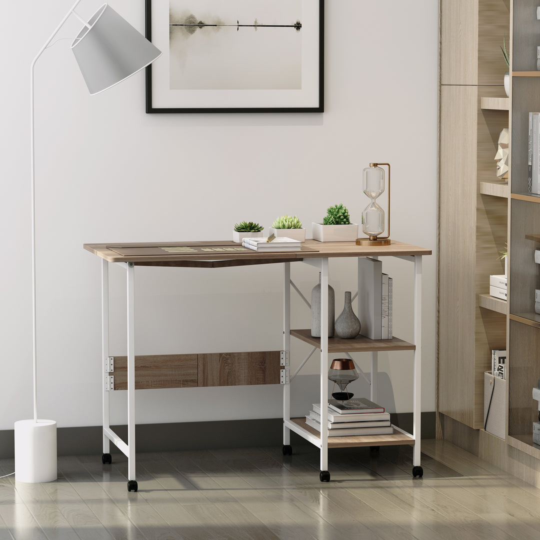 Klapbord skrivebord sidebord kontorbord mobilt computerbord med hjul mdf naturlig 107 x 55 x 76 cm
