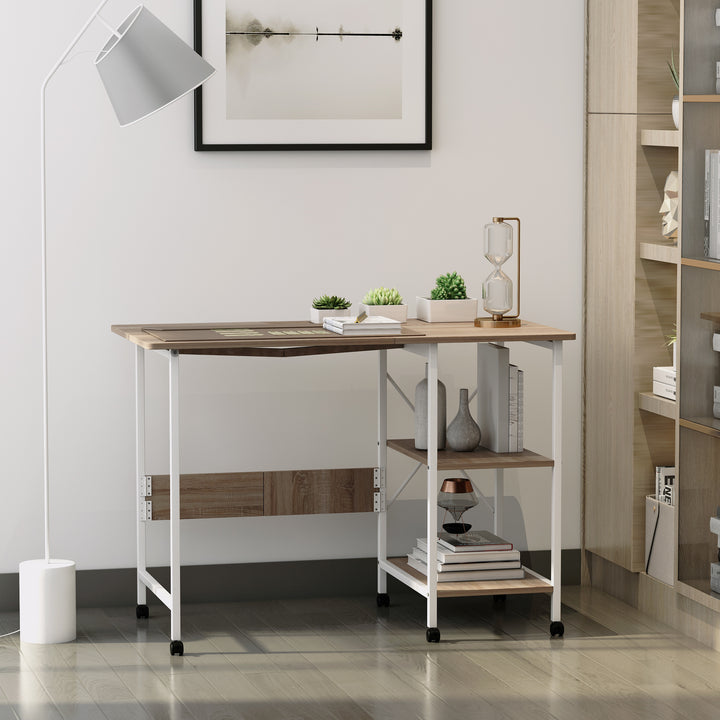 Klapbord skrivebord sidebord kontorbord mobilt computerbord med hjul mdf naturlig 107 x 55 x 76 cm